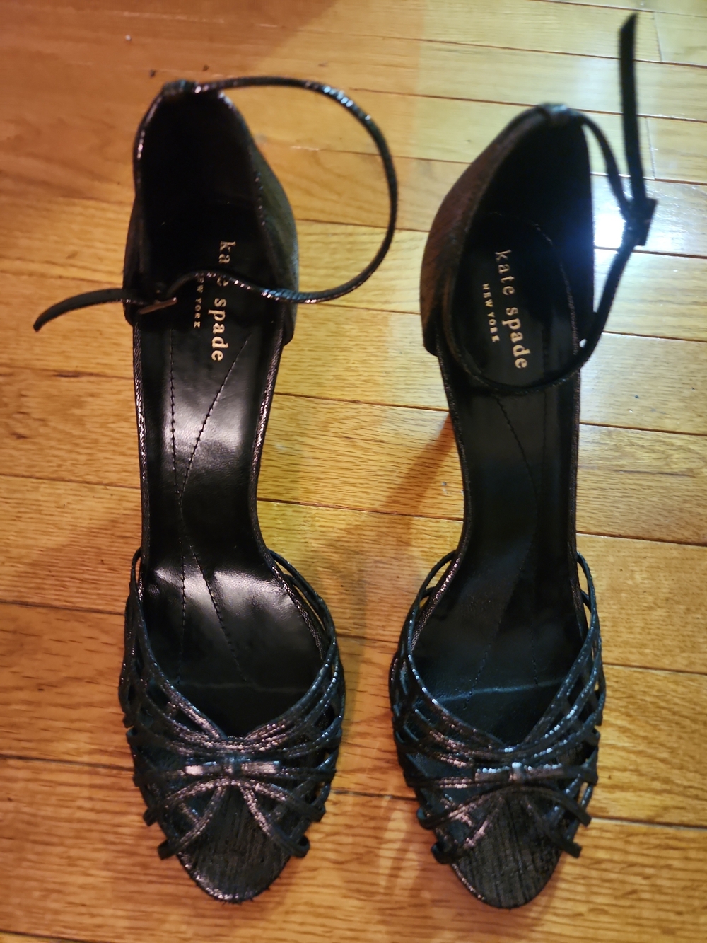kate spade Metallic Black Strappy Open-Toe Ankle Strap Heels